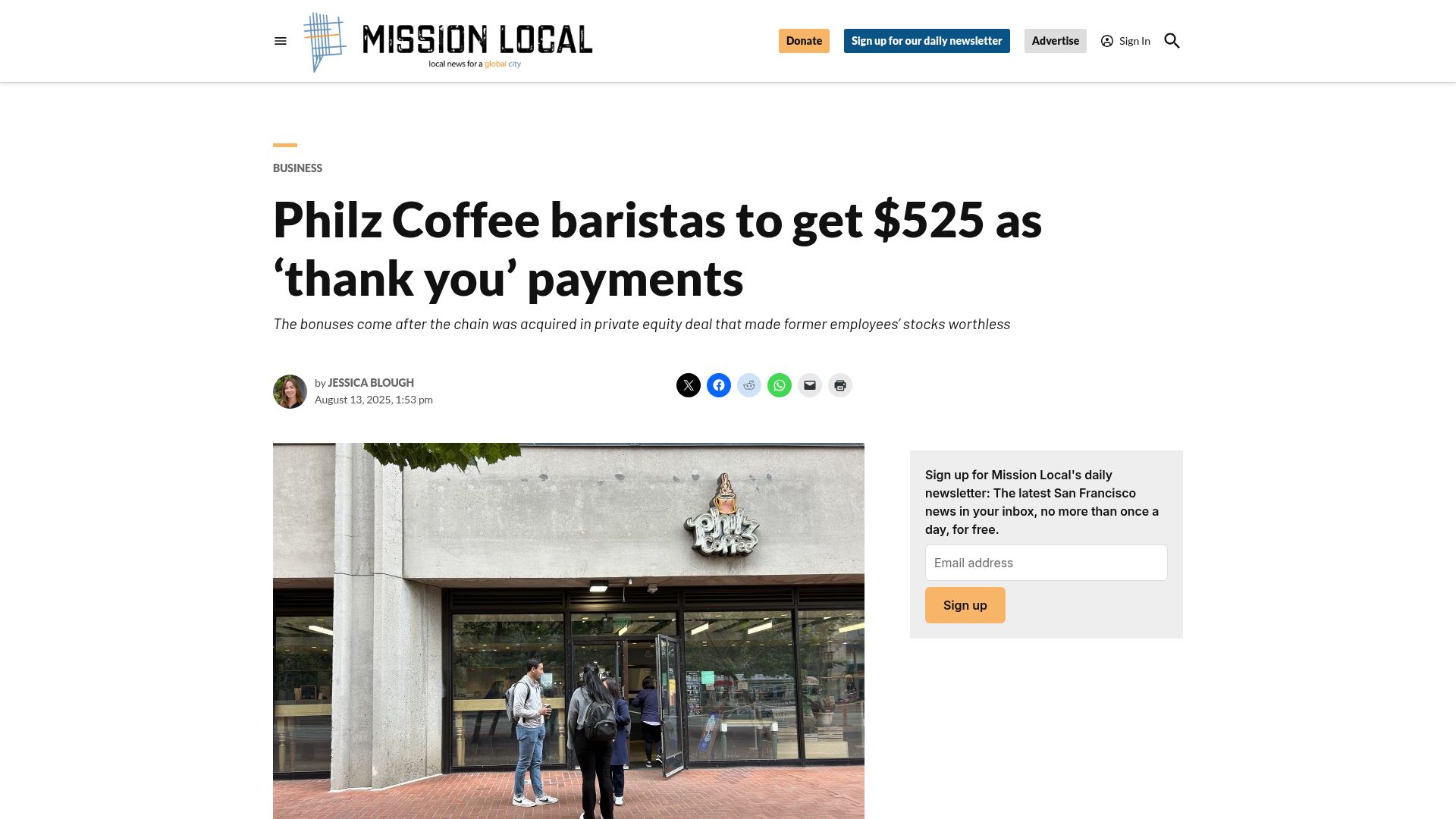 Screenshot of missionlocal.org: After losing company stock Philz Coffee baristas get $525 'thank you' payments