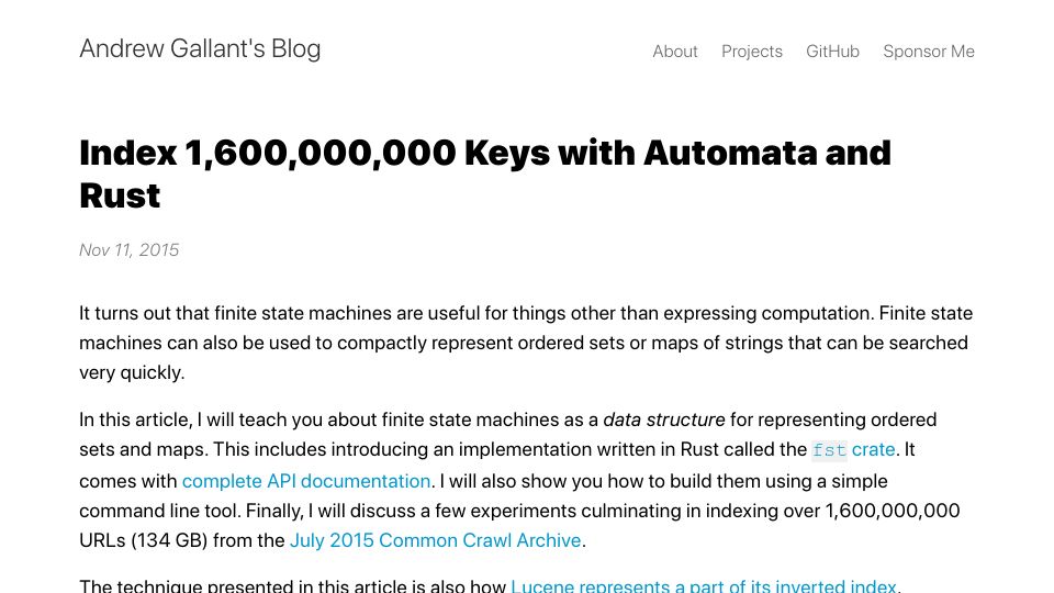 Screenshot of burntsushi.net: Index 1.6B Keys with Automata and Rust (2015)