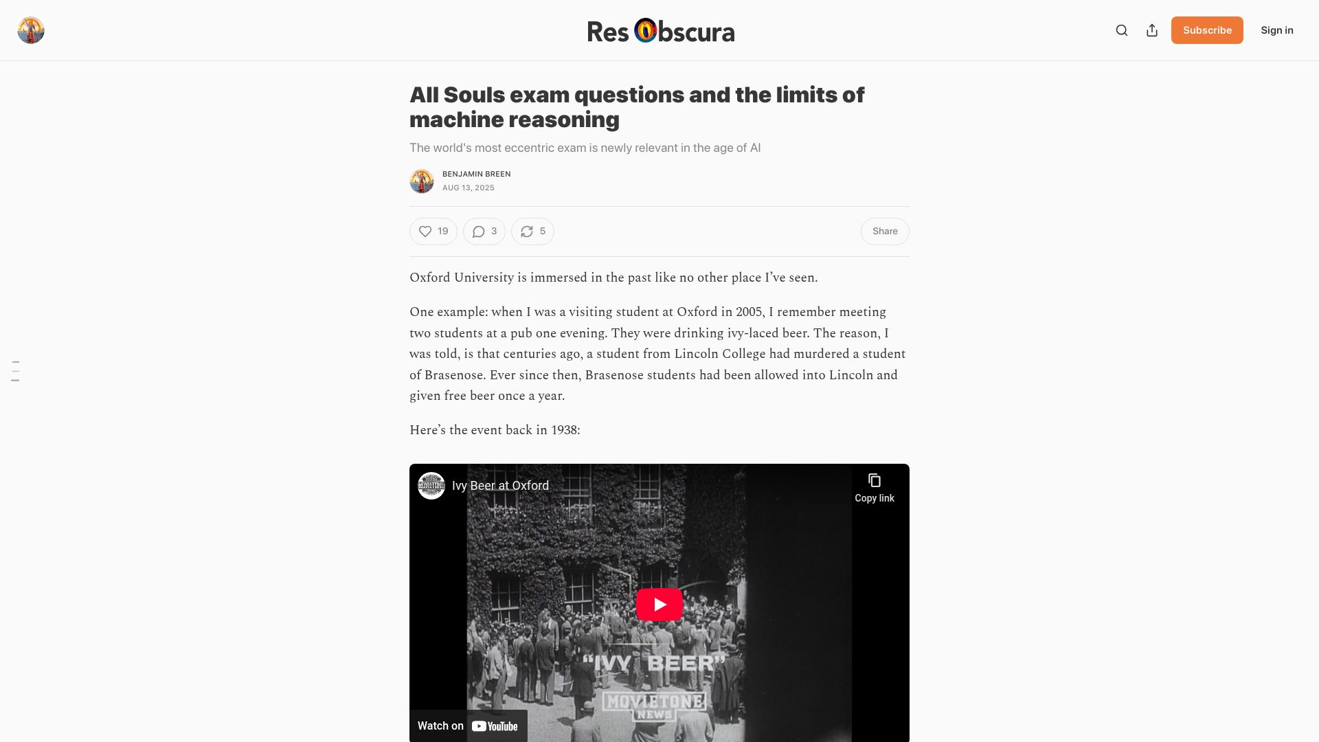 Screenshot of resobscura.substack.com: All Souls exam questions and the limits of machine reasoning