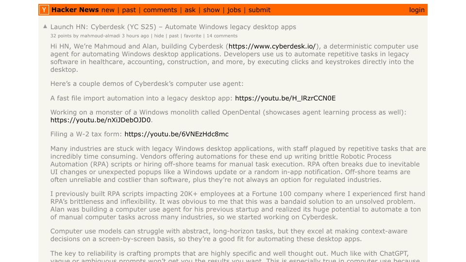 Screenshot of Hacker News post: Launch HN: Cyberdesk (YC S25) – Automate Windows legacy desktop apps