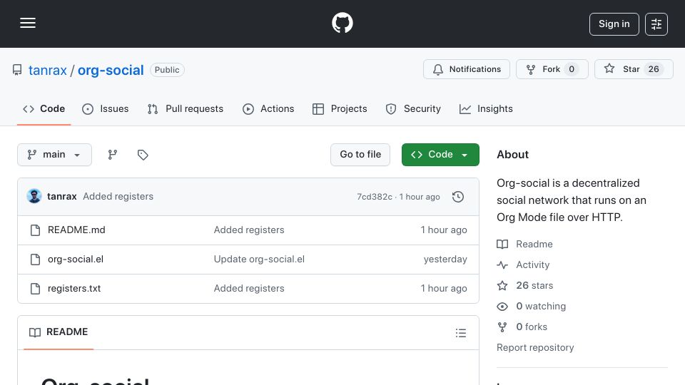 Screenshot of github.com: Org-social is a decentralized social network that runs on Org Mode