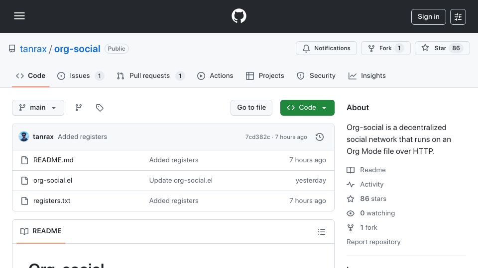Screenshot of github.com: Org-social is a decentralized social network that runs on Org Mode