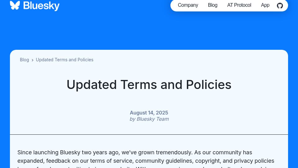 Screenshot of bsky.social: Bluesky: Updated Terms and Policies