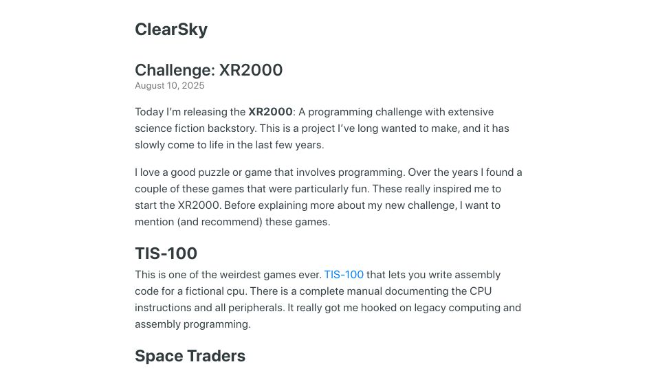 Screenshot of clearsky.dev: Show HN: XR2000: A science fiction programming challenge