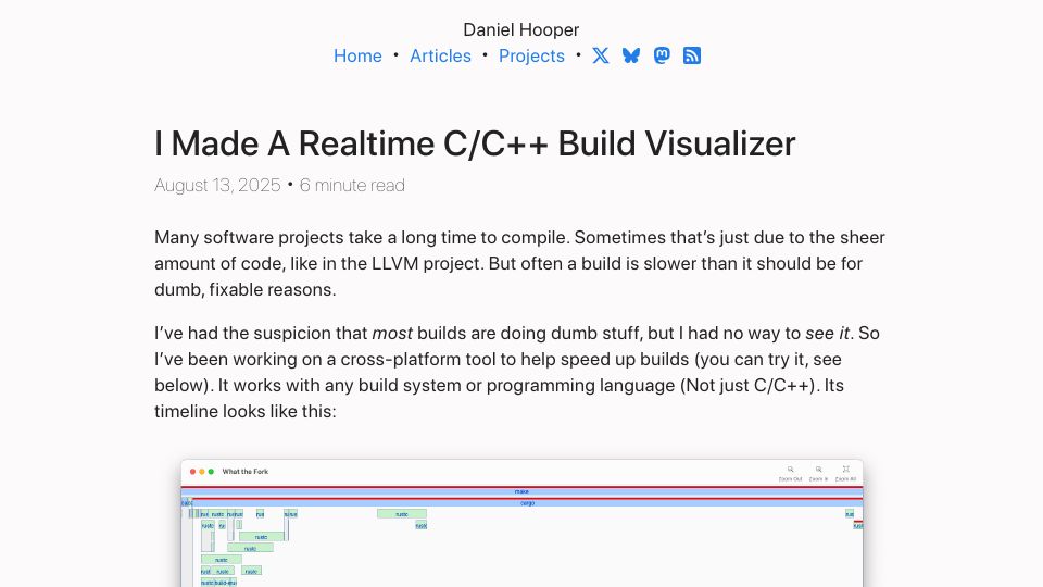 Screenshot of danielchasehooper.com: I made a real-time C/C++/Rust build visualizer