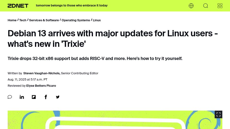 Screenshot of zdnet.com: Debian 13 arrives with major updates for Linux users – what's new in 'Trixie'