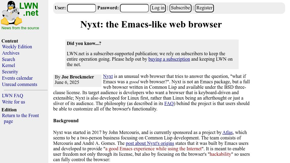 Screenshot of lwn.net: Nyxt: The Emacs-like web browser