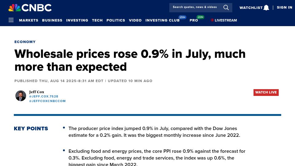Screenshot of cnbc.com: Wholesale prices rose 0.9% in July, more than expected