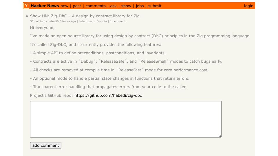 Screenshot of Hacker News post: Show HN: Zig-DbC – A design by contract library for Zig