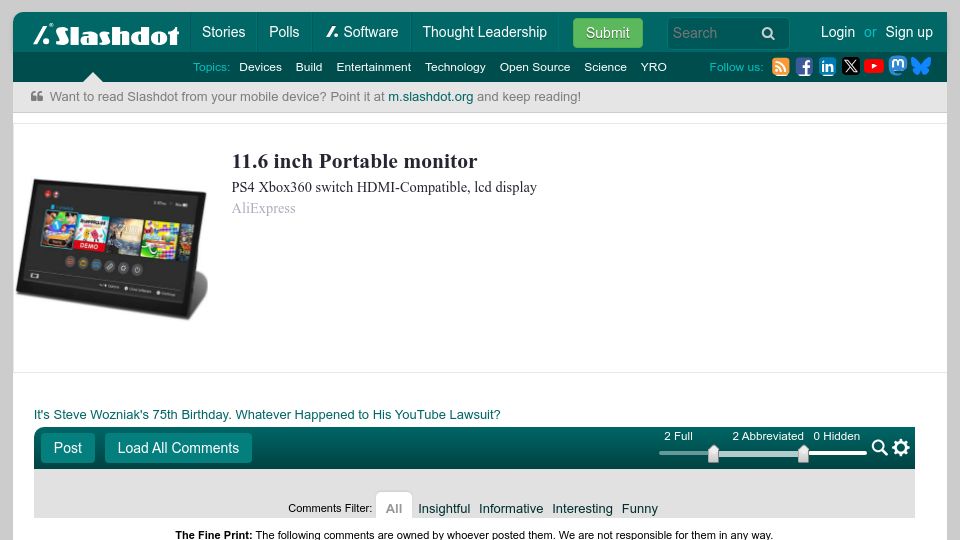Screenshot of yro.slashdot.org: Steve Wozniak: Life to me was never about accomplishment, but about happiness