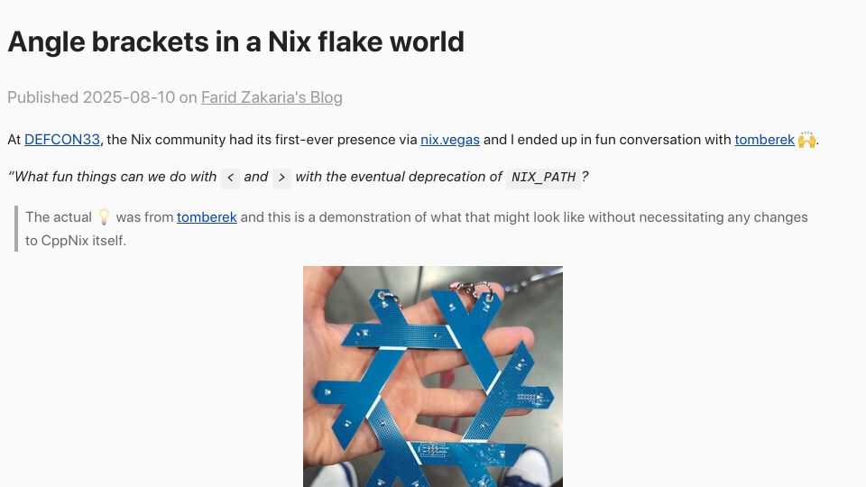 Screenshot of fzakaria.com: Angle brackets in a Nix flake world