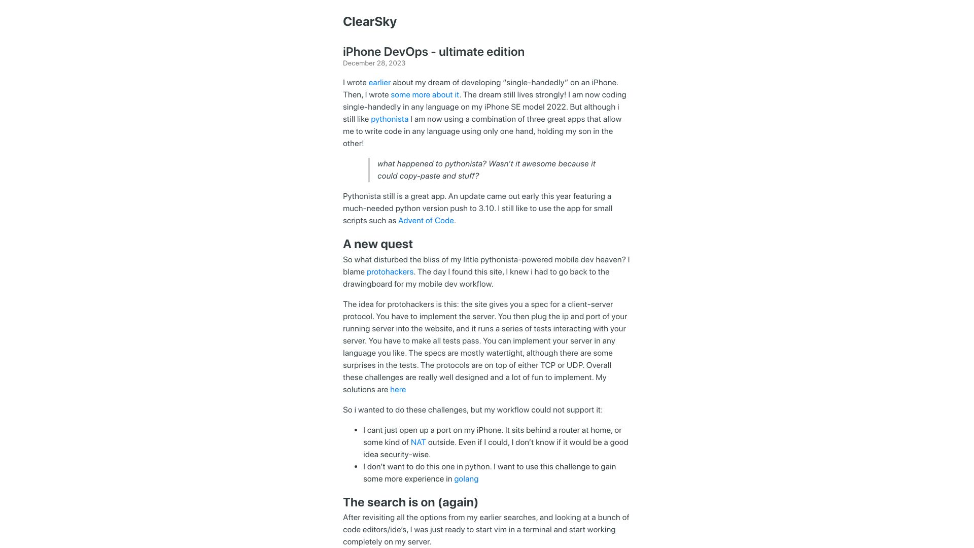 Screenshot of clearsky.dev: iPhone DevOps (2023)