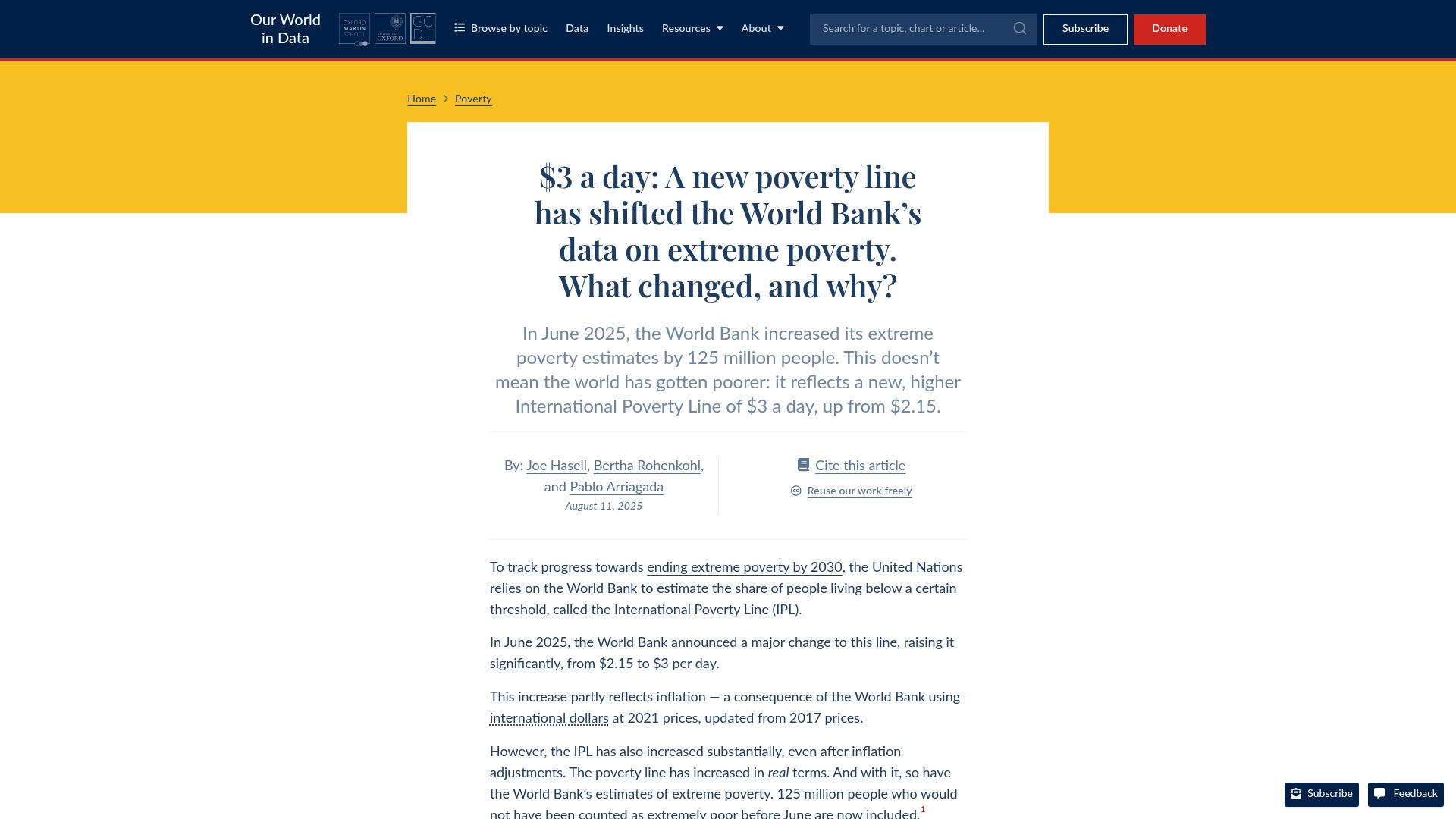 Screenshot of ourworldindata.org: A new poverty line shifted the World Bank's poverty data. What changed and why?