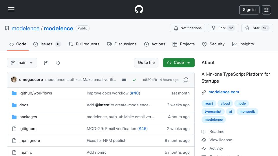 Screenshot of github.com: Show HN: Modelence – Supabase for MongoDB