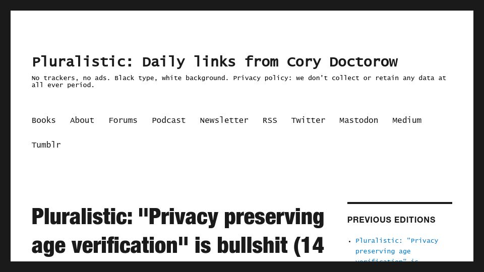 Screenshot of pluralistic.net: "Privacy preserving age verification" is bullshit