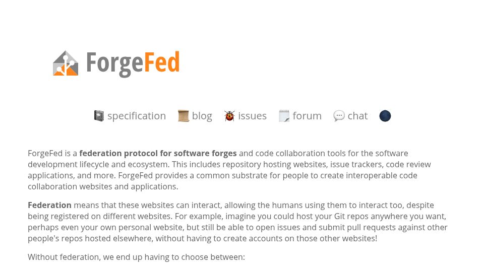 Screenshot of forgefed.org: ForgeFed: ActivityPub-based forge federation protocol