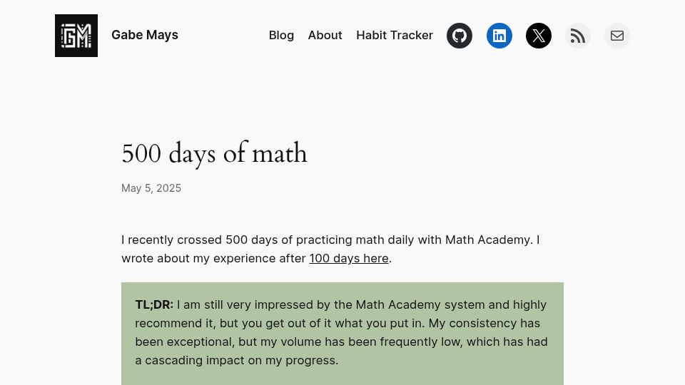 Screenshot of gmays.com: 500 days of math