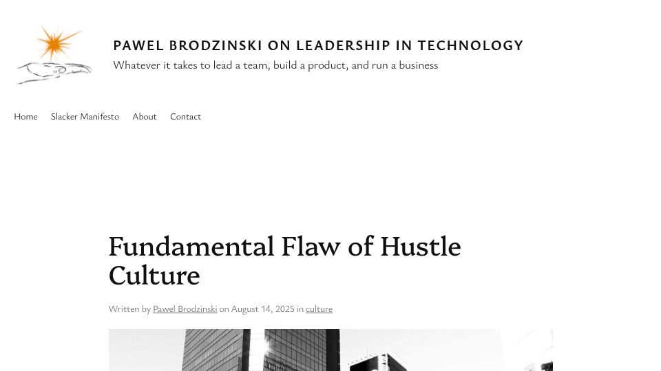 Screenshot of brodzinski.com: Fundamental Flaw of Hustle Culture