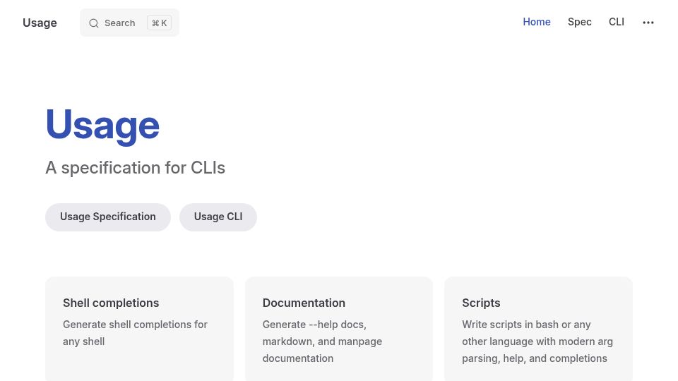 Screenshot of usage.jdx.dev: Usage – a shell completion / manpage / help documentation generator