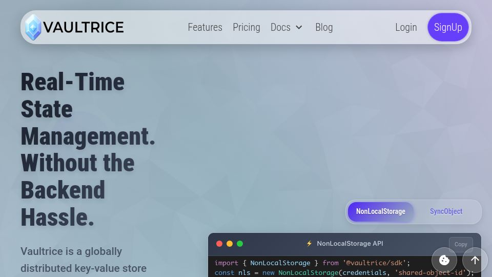 Screenshot of vaultrice.com: Show HN: Vaultrice – A real-time key-value store with a localStorage API