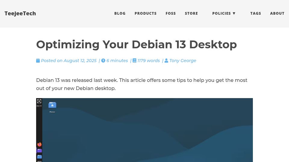 Screenshot of teejeetech.com: Optimizing Your Debian 13 Desktop