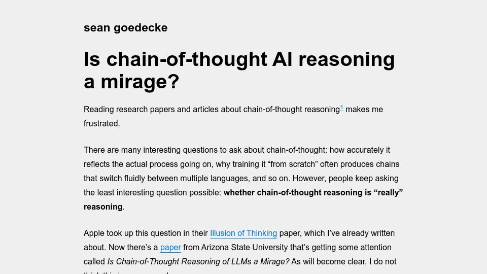 Screenshot of seangoedecke.com: Is chain-of-thought AI reasoning a mirage?