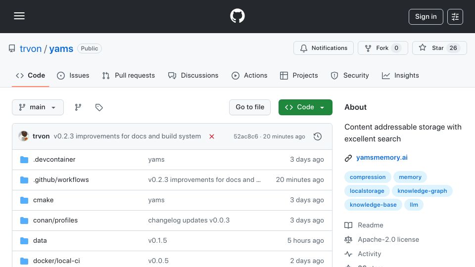Screenshot of github.com: Show HN: Yet another memory system for LLMs