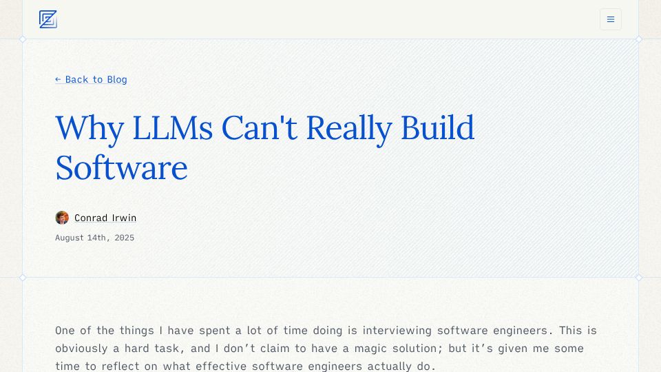 Screenshot of zed.dev: Why LLMs can't really build software