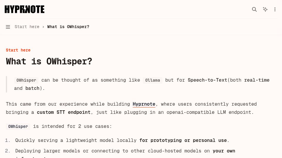 Screenshot of docs.hyprnote.com: Show HN: OWhisper – Ollama for realtime speech-to-text