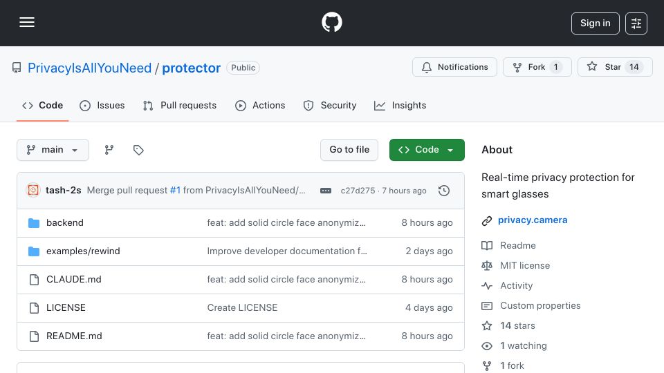 Screenshot of github.com: Show HN: Real-time privacy protection for smart glasses