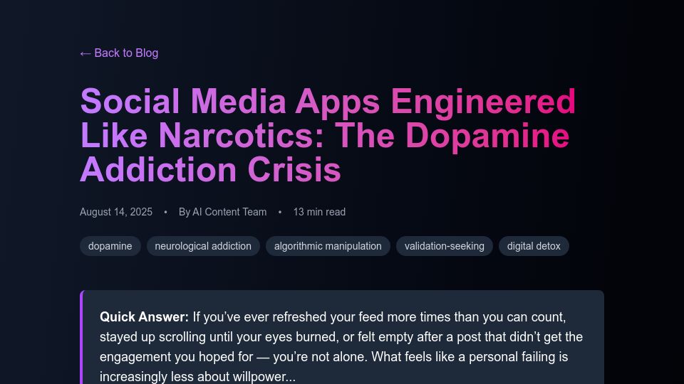 Screenshot of lookatmyprofile.org: Social Media Apps Engineered Like Narcotics: The Dopamine Addiction Crisis