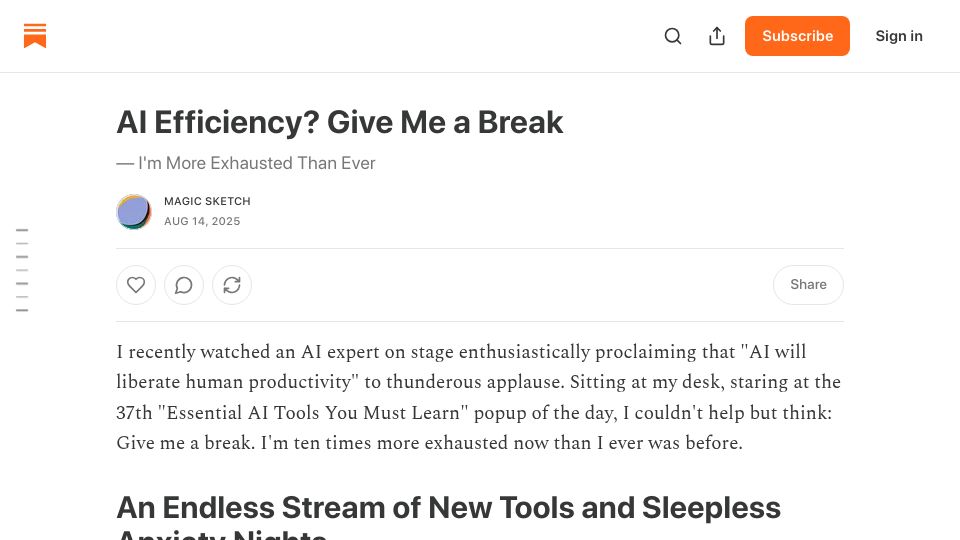 Screenshot of luolink.substack.com: AI Efficiency? Give Me a Break