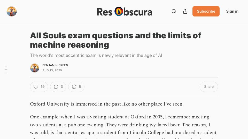 Screenshot of resobscura.substack.com: All Souls exam questions and the limits of machine reasoning