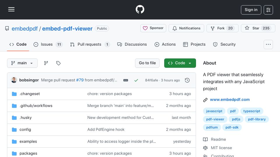Screenshot of github.com: Show HN: I built a free alternative to Adobe Acrobat PDF viewer