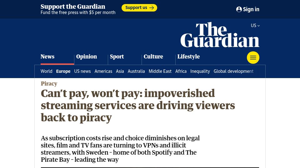 Screenshot of theguardian.com: Streaming services are driving viewers back to piracy