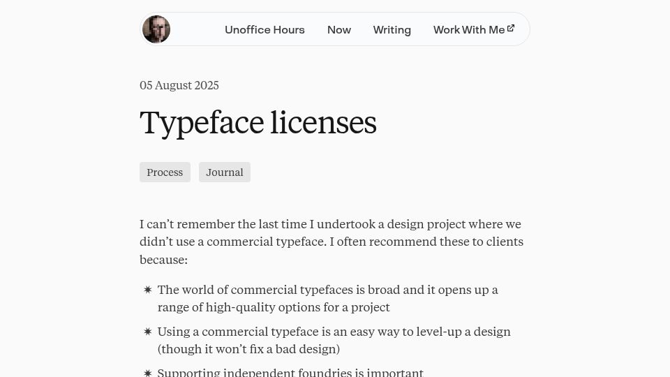 Screenshot of davesmyth.com: What I look for in typeface licenses