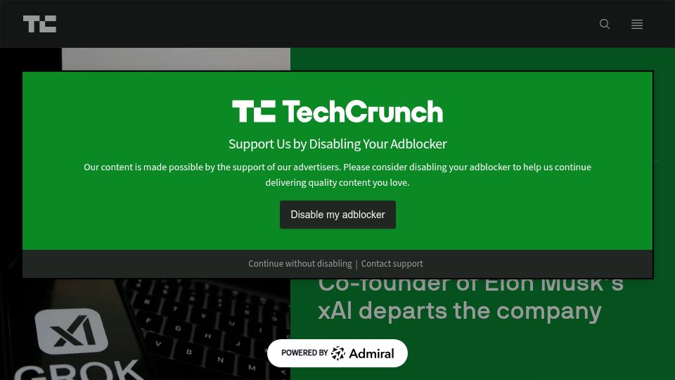 Screenshot of techcrunch.com: Igor Babuschkin, a co-founder of xAI, has announced his departure