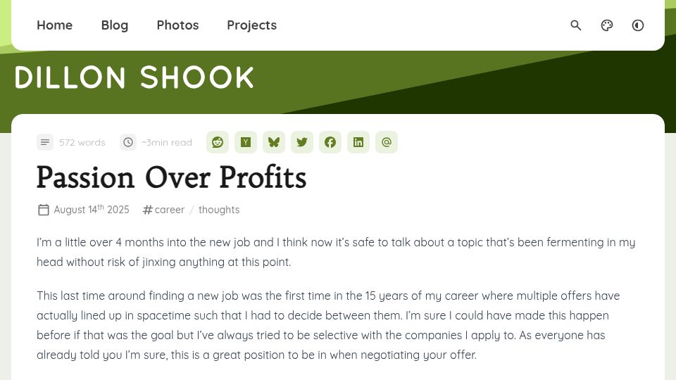 Screenshot of dillonshook.com: Passion over Profits