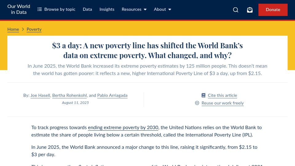 Screenshot of ourworldindata.org: A new poverty line shifted the World Bank's poverty data. What changed and why?