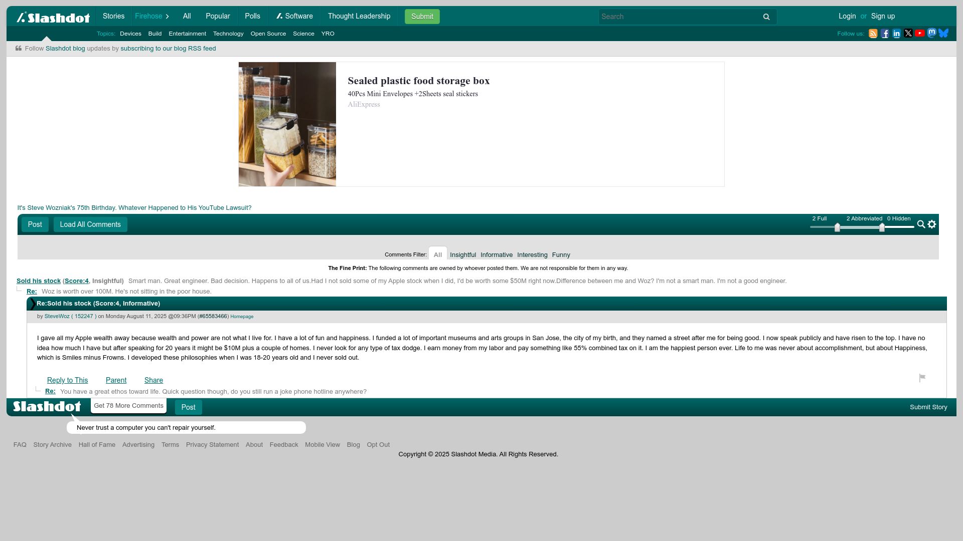 Screenshot of yro.slashdot.org: Steve Wozniak: Life to me was never about accomplishment, but about happiness