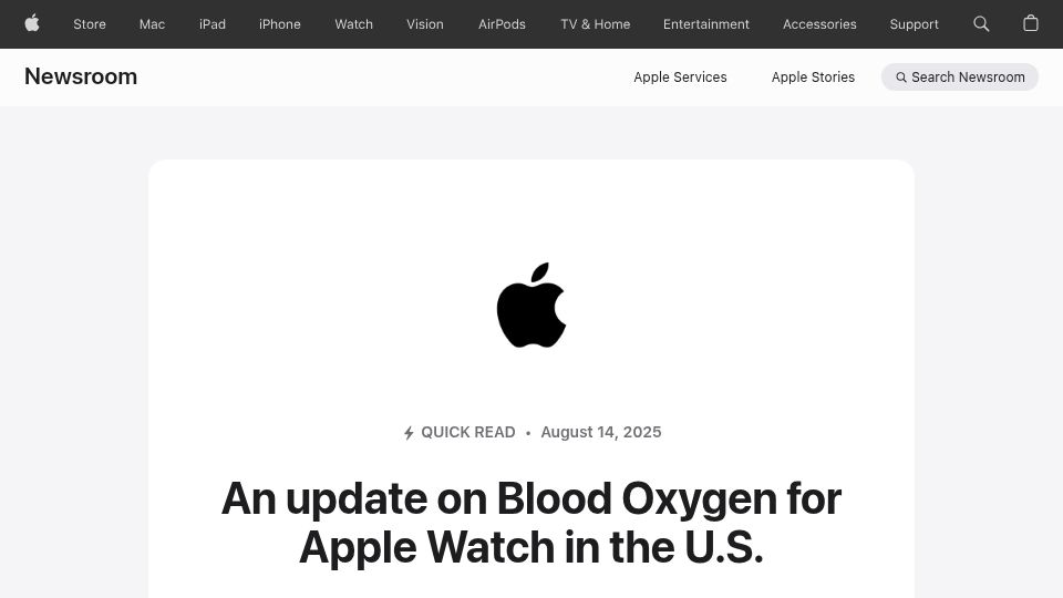 Screenshot of apple.com: Blood oxygen monitoring returning to Apple Watch in the US