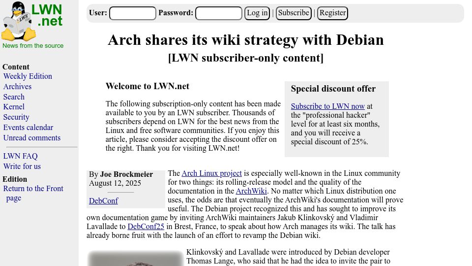 Screenshot of lwn.net: Arch shares its wiki strategy with Debian