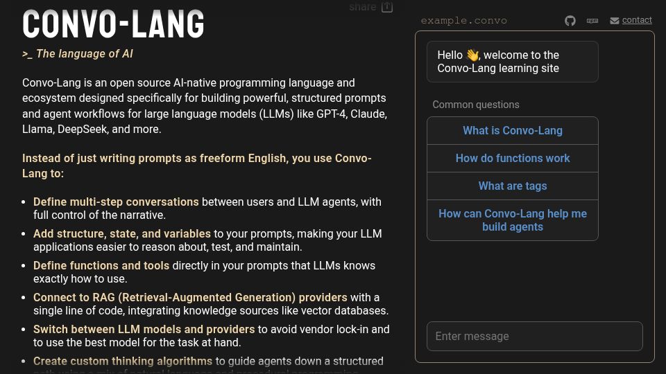 Screenshot of learn.convo-lang.ai: Convo-Lang: LLM Programming Language and Runtime