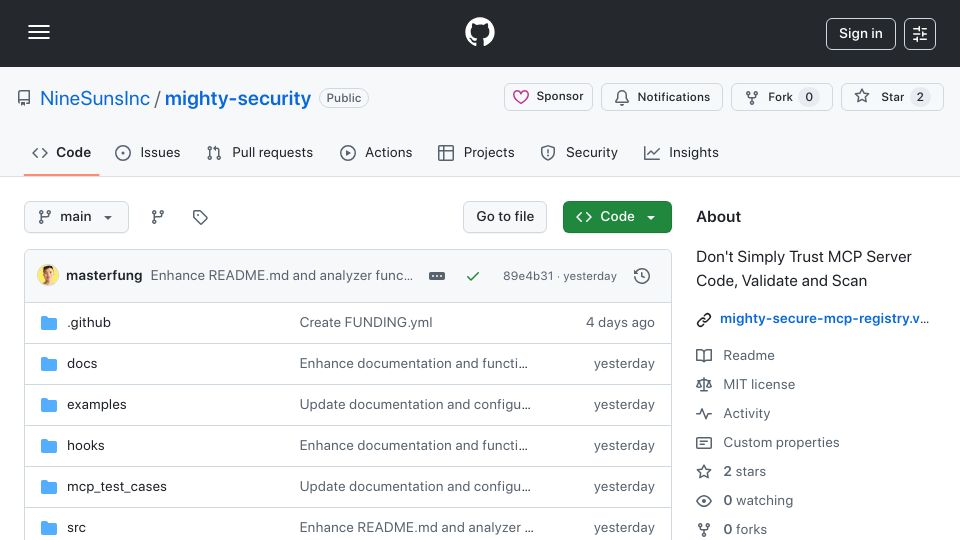 Screenshot of github.com: Show HN: MCP Security Suite