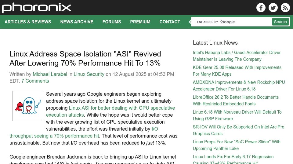 Screenshot of phoronix.com: Linux Address Space Isolation Revived After Lowering 70% Performance Hit to 13%