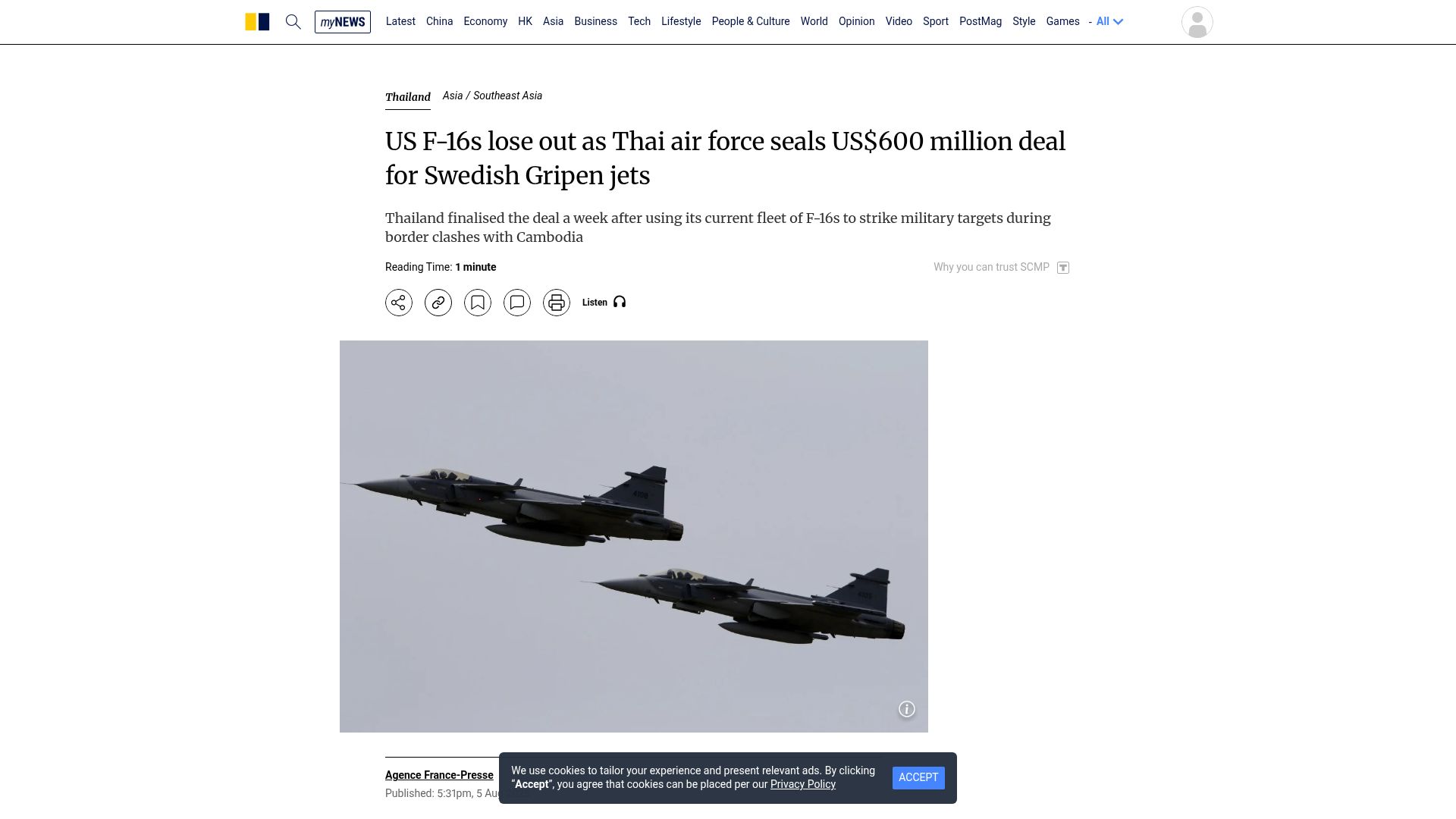 Screenshot of scmp.com: US F-16s lose out as Thai Air Force seals US$600M deal for Swedish Gripen jets