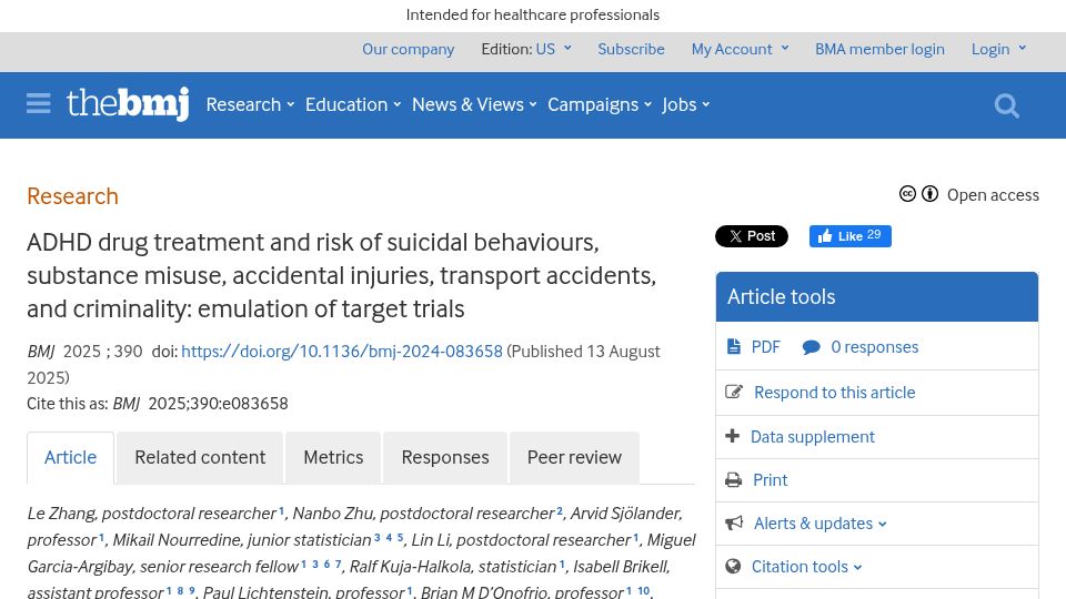 Screenshot of bmj.com: ADHD drug treatment and risk of negative events and outcomes