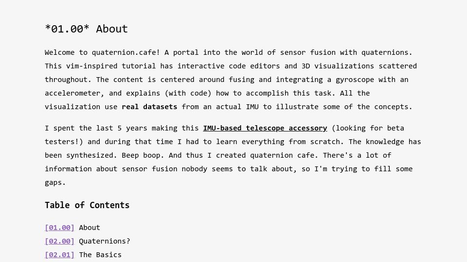 Screenshot of quaternion.cafe: An interactive guide to sensor fusion with quaternions
