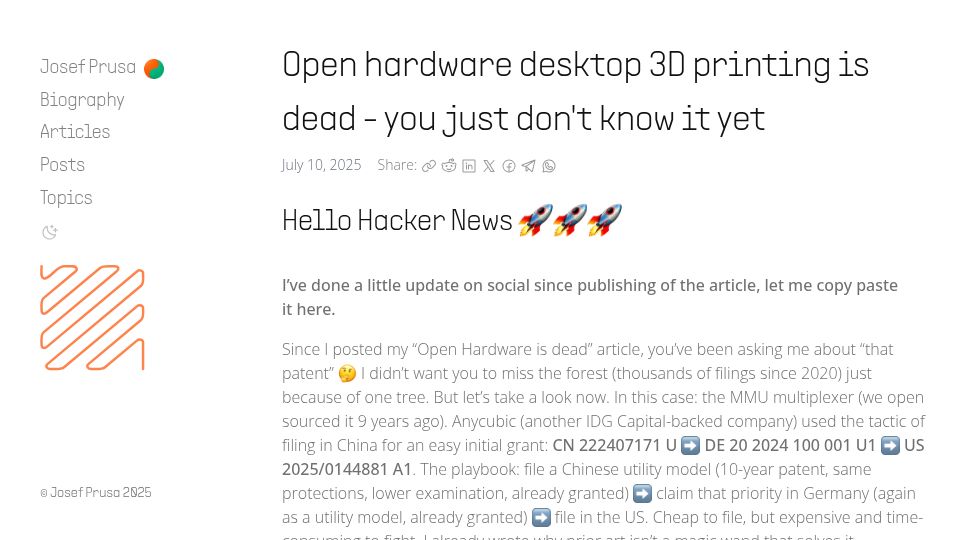 Screenshot of josefprusa.com: Open hardware desktop 3D printing is dead?