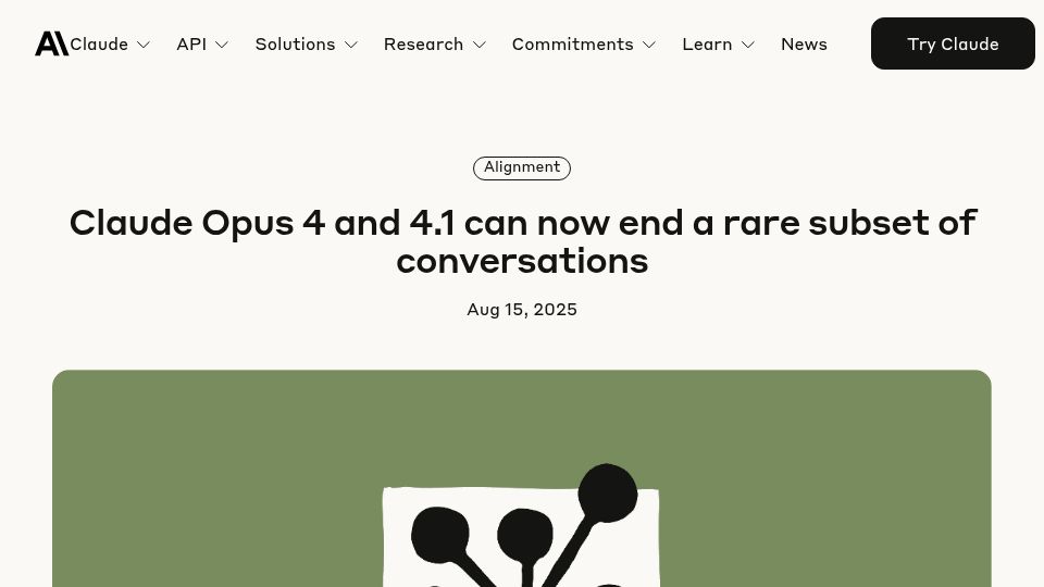 Screenshot of anthropic.com: Claude Opus 4 and 4.1 can now end a rare subset of conversations